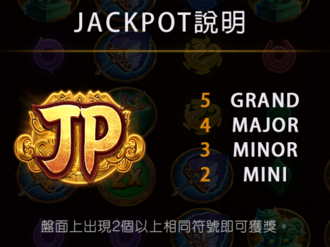 赤三國 JACKPOT 說明:2 個=MINI、3 個=MINOR、4 個=MAJOR、5 個=GRAND