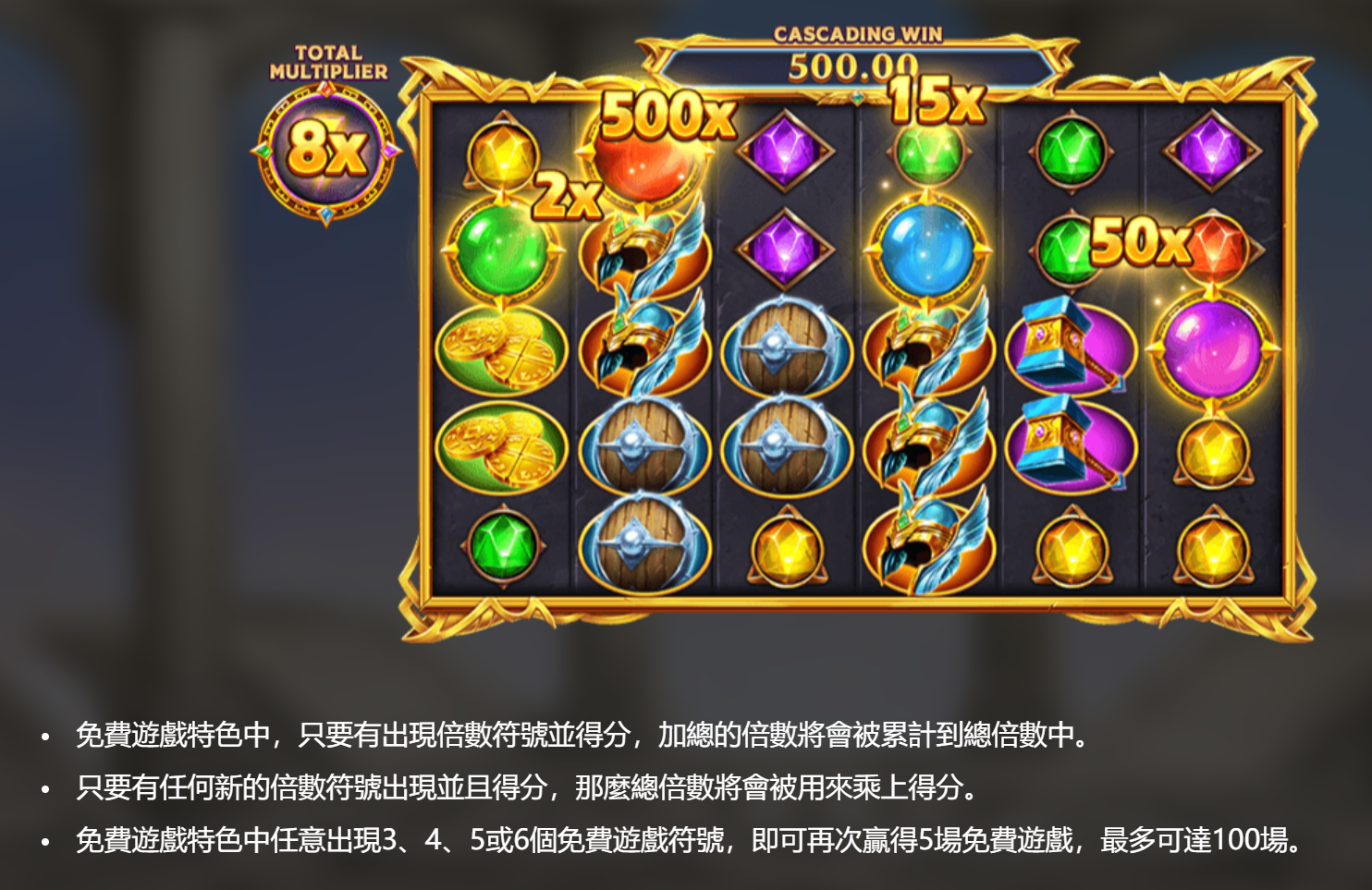 RSG 雷神之鎚免費遊戲進行中,TOTAL MULTIPLIER 累加顯示 8x,CASCADING WIN 連消 500