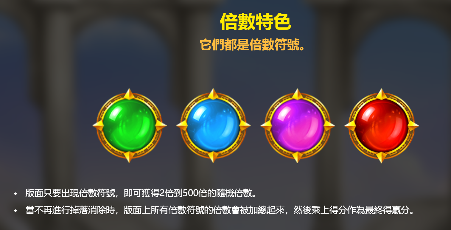RSG 雷神之鎚倍數特色:綠藍紫紅四色倍數符號,給予 2x 到 500x 隨機倍數
