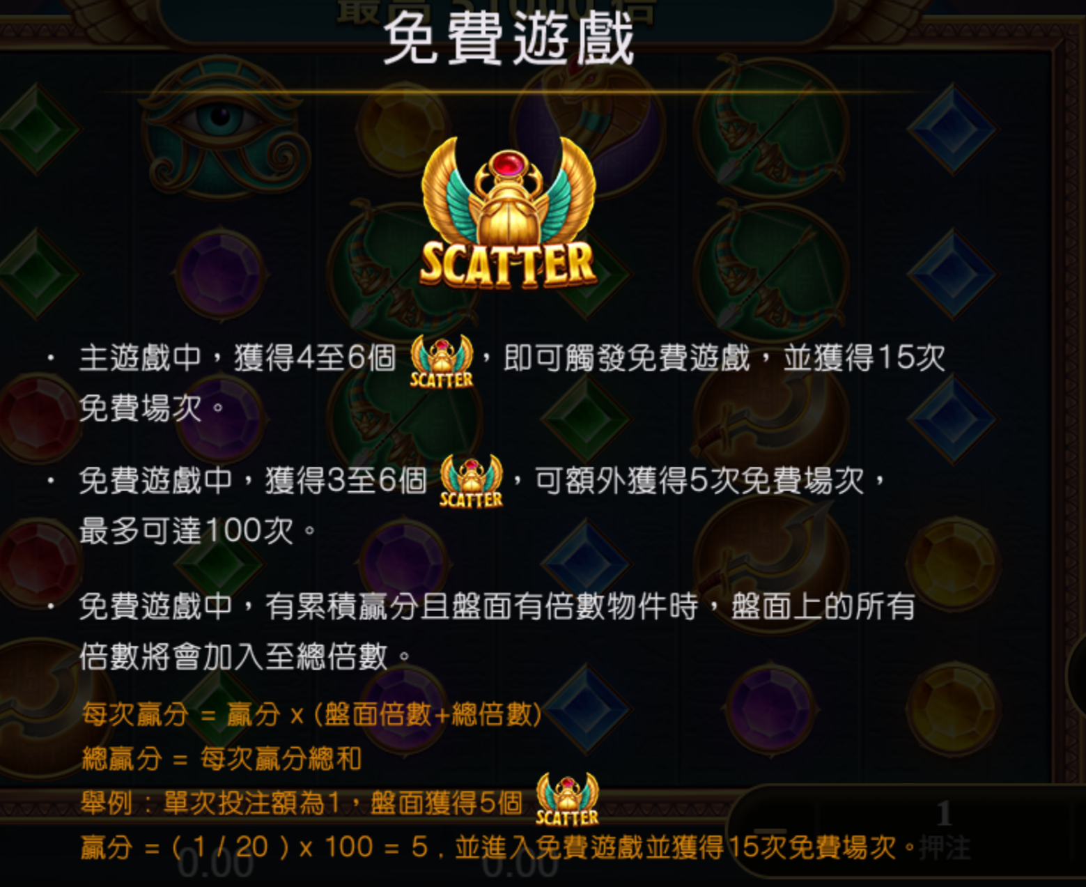 戰神賽特免費遊戲規則:每次贏分 = 贏分 × (盤面倍數+總倍數)